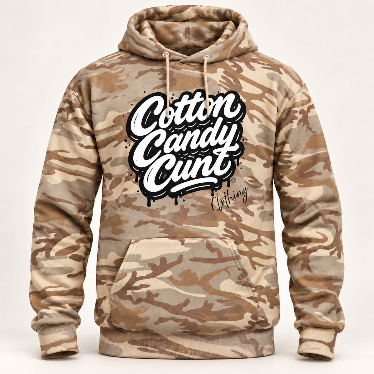 Cotton Candy Cunt Pink & Desert Camo Pullover Hoodie — Black & White Logo