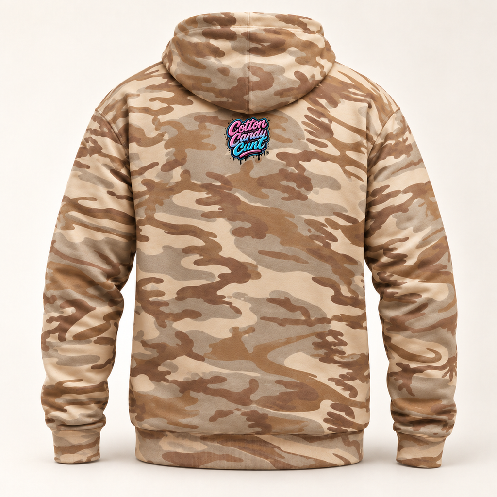 Cotton Candy Cunt Pink & Desert Camo Pullover Hoodie — Black & White Logo