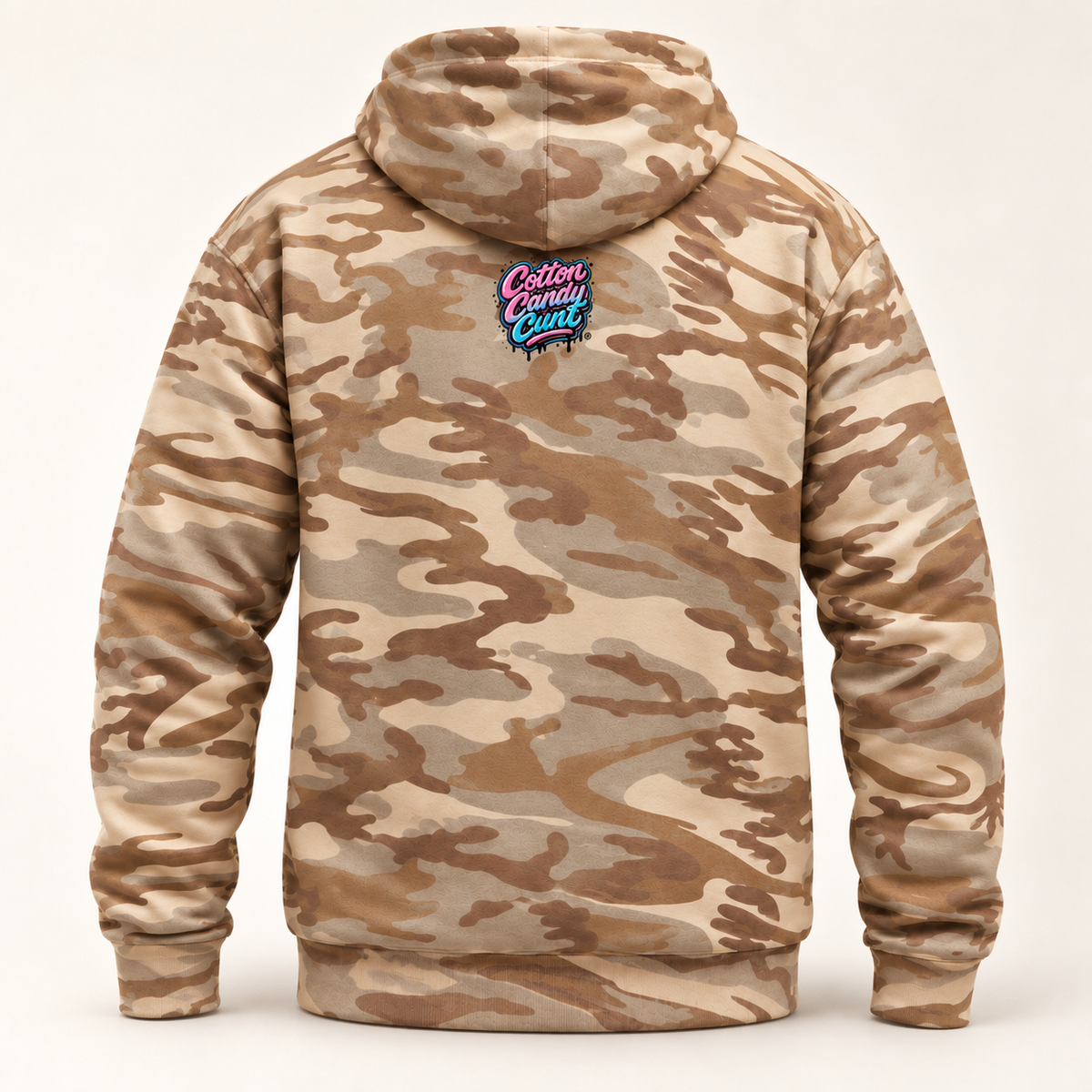 Cotton Candy Cunt Pink & Desert Camo Pullover Hoodie — Black & White Logo