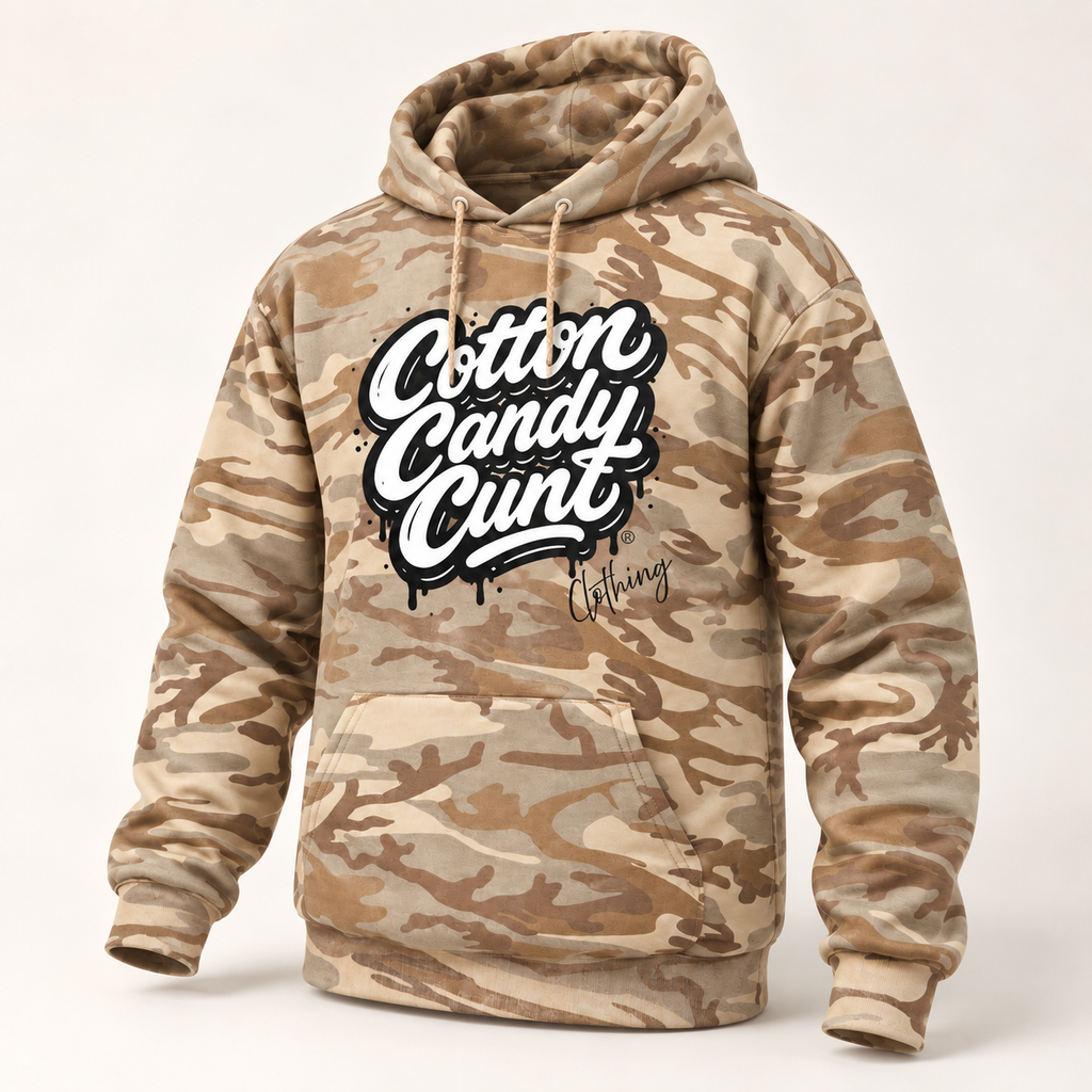 Cotton Candy Cunt Pink & Desert Camo Pullover Hoodie — Black & White Logo