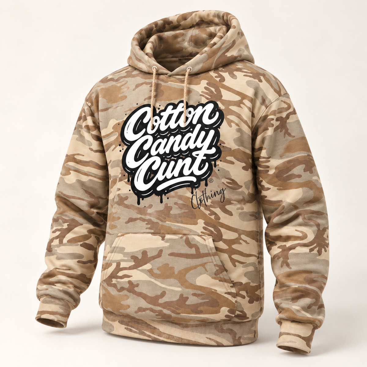 Cotton Candy Cunt Pink & Desert Camo Pullover Hoodie — Black & White Logo