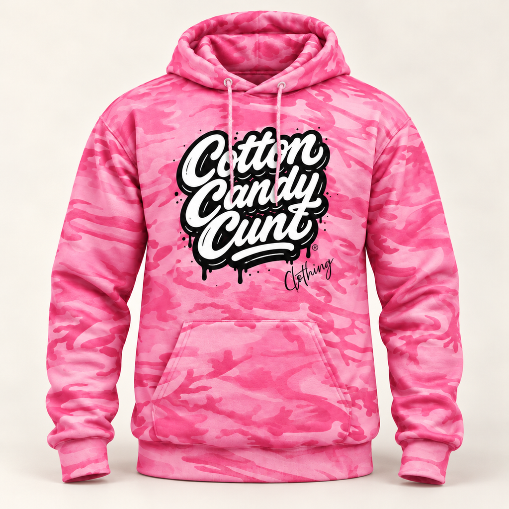 Cotton Candy Cunt Pink & Desert Camo Pullover Hoodie — Black & White Logo