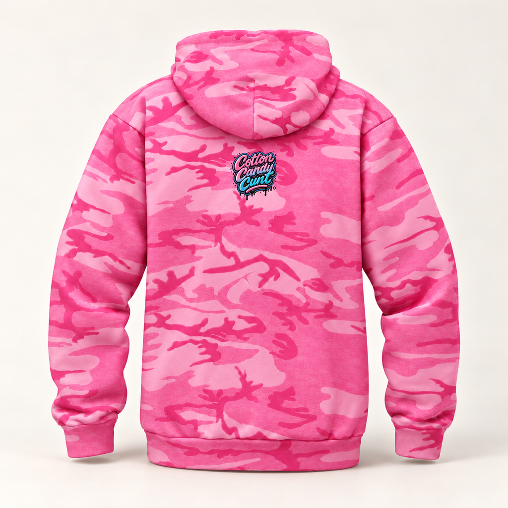 Cotton Candy Cunt Pink & Desert Camo Pullover Hoodie — Black & White Logo