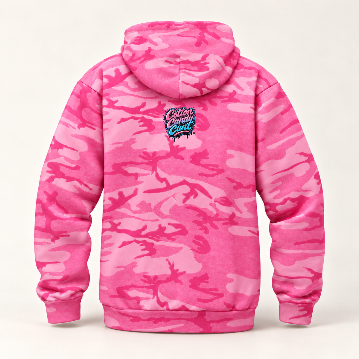 Cotton Candy Cunt Pink & Desert Camo Pullover Hoodie — Black & White Logo