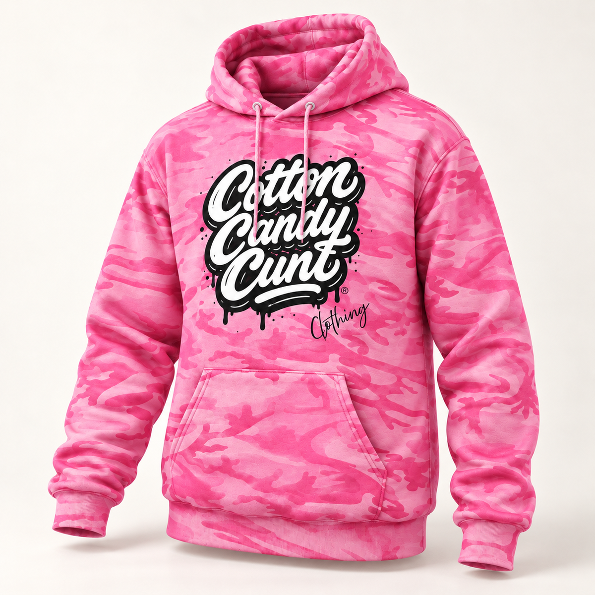 Cotton Candy Cunt Pink & Desert Camo Pullover Hoodie — Black & White Logo