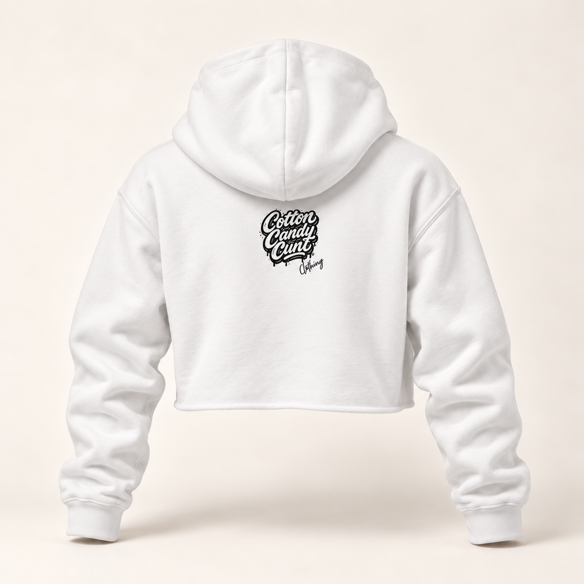 Cotton Candy Cunt Women's White Cropped Hoodie — Full-Color Logo