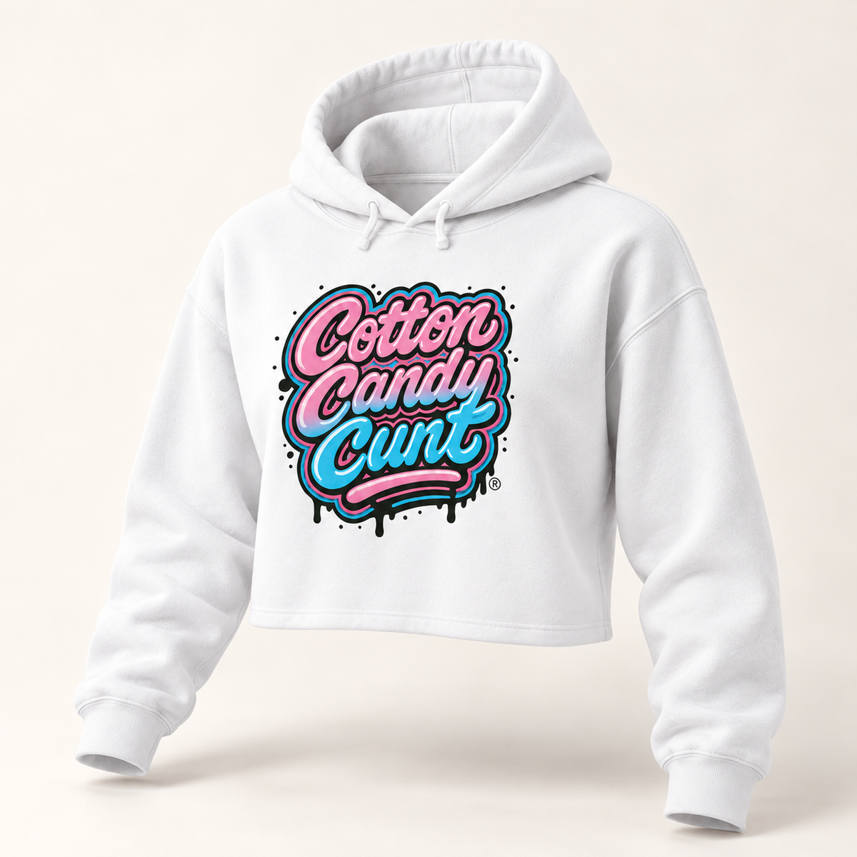 Cotton Candy Cunt Women's White Cropped Hoodie — Full-Color Logo